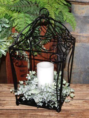 Black Open Wrought Iron Lantern w/LED Candle & Eucalyptus Candle Ring Wreath